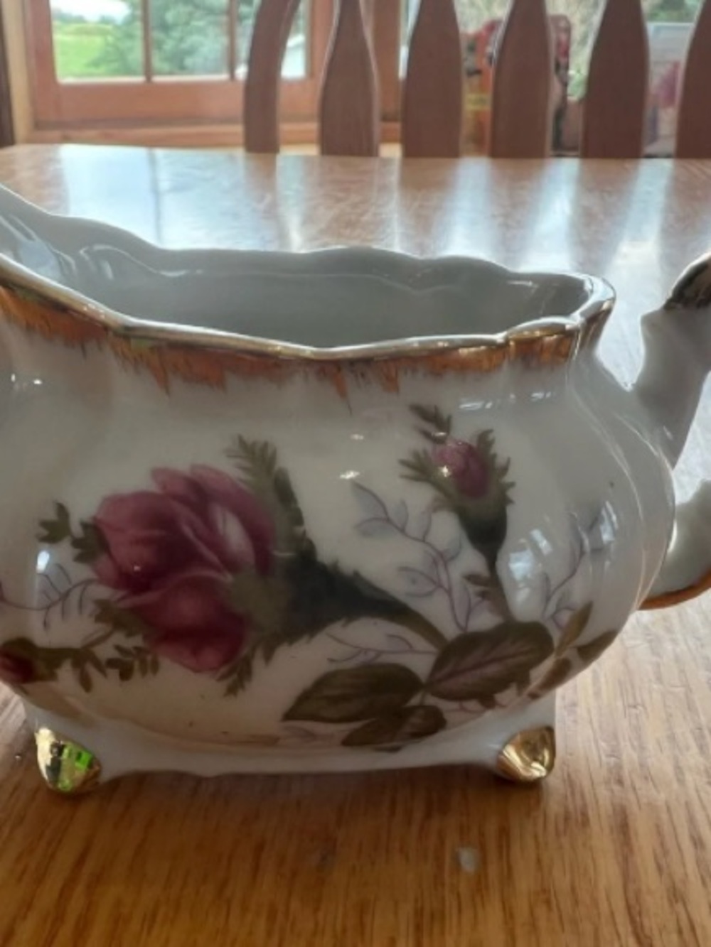 Porcelain Floral Creamer with Pink Rose Motif and Gold Trim